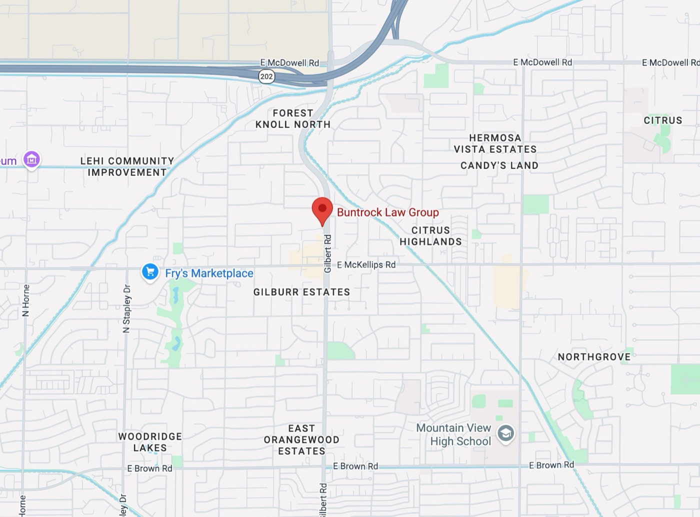 Map showing Buntrock Law Group on North Gilbert Road in Mesa, Arizona